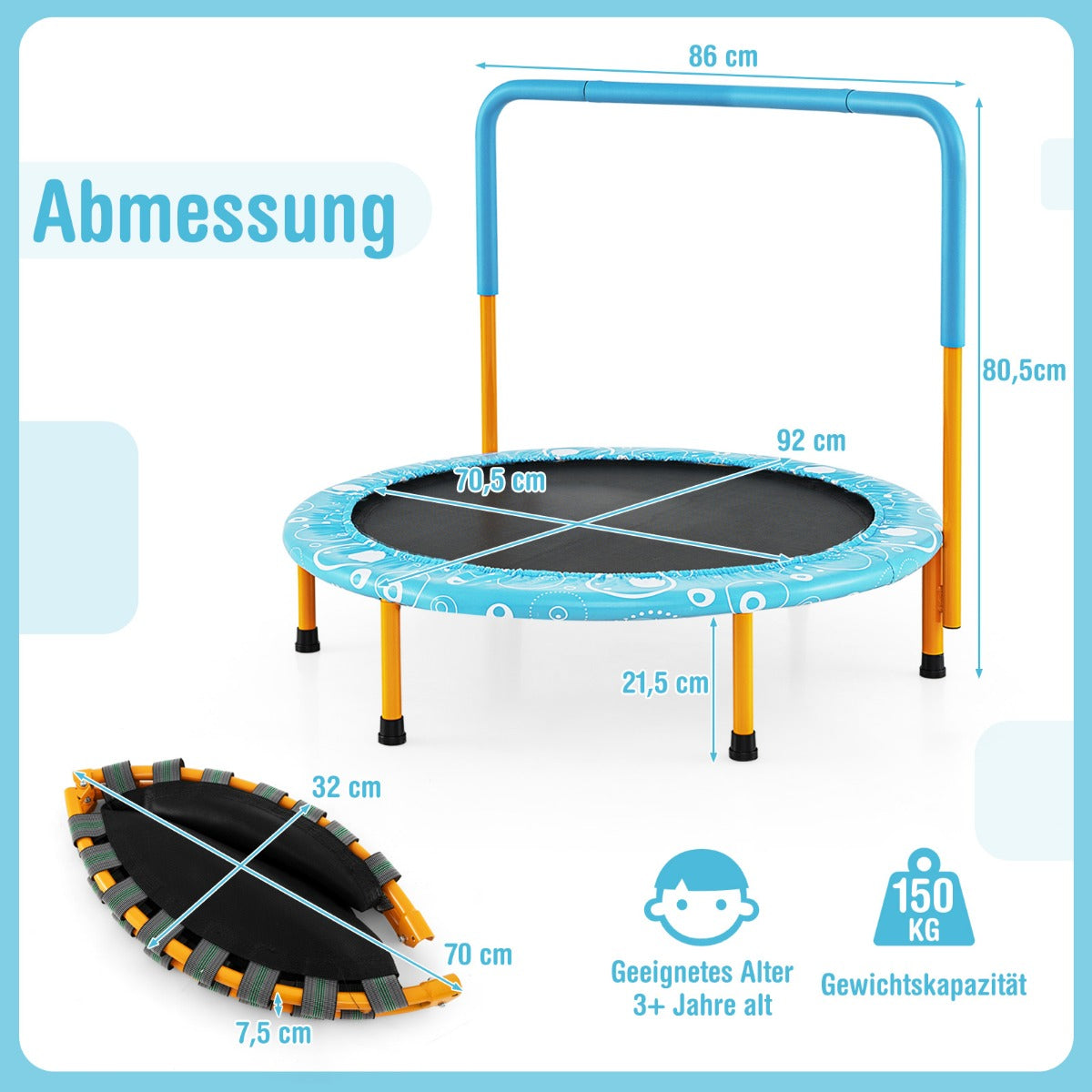 Barntrampolin – med handtag Mini upp till belastning Fällbart – 150 kg Ø 92 cm – Orange