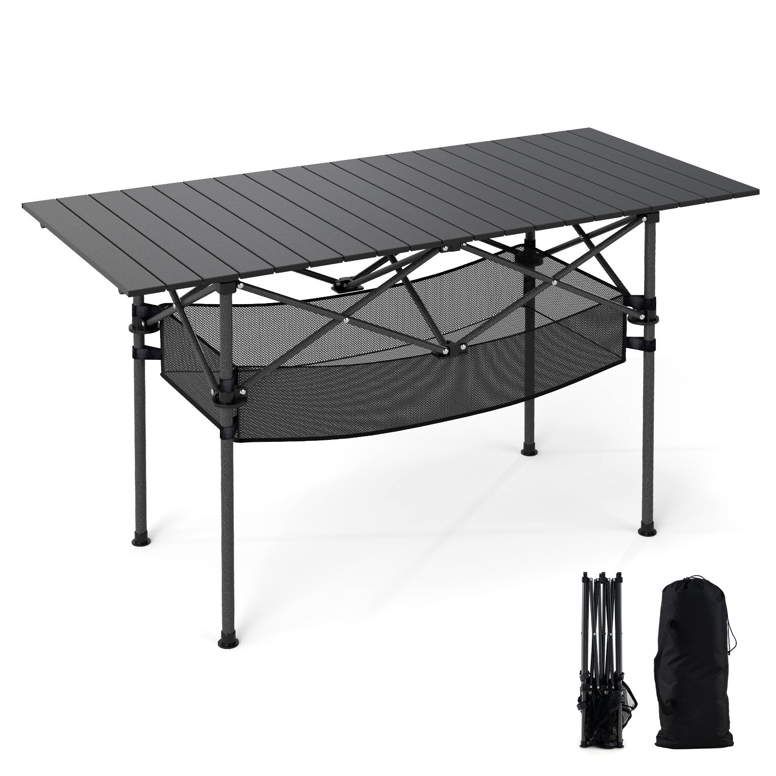 Fällbart – campingbord med rullbar aluminiumsskiva och nätkorg, fällbord – Svart