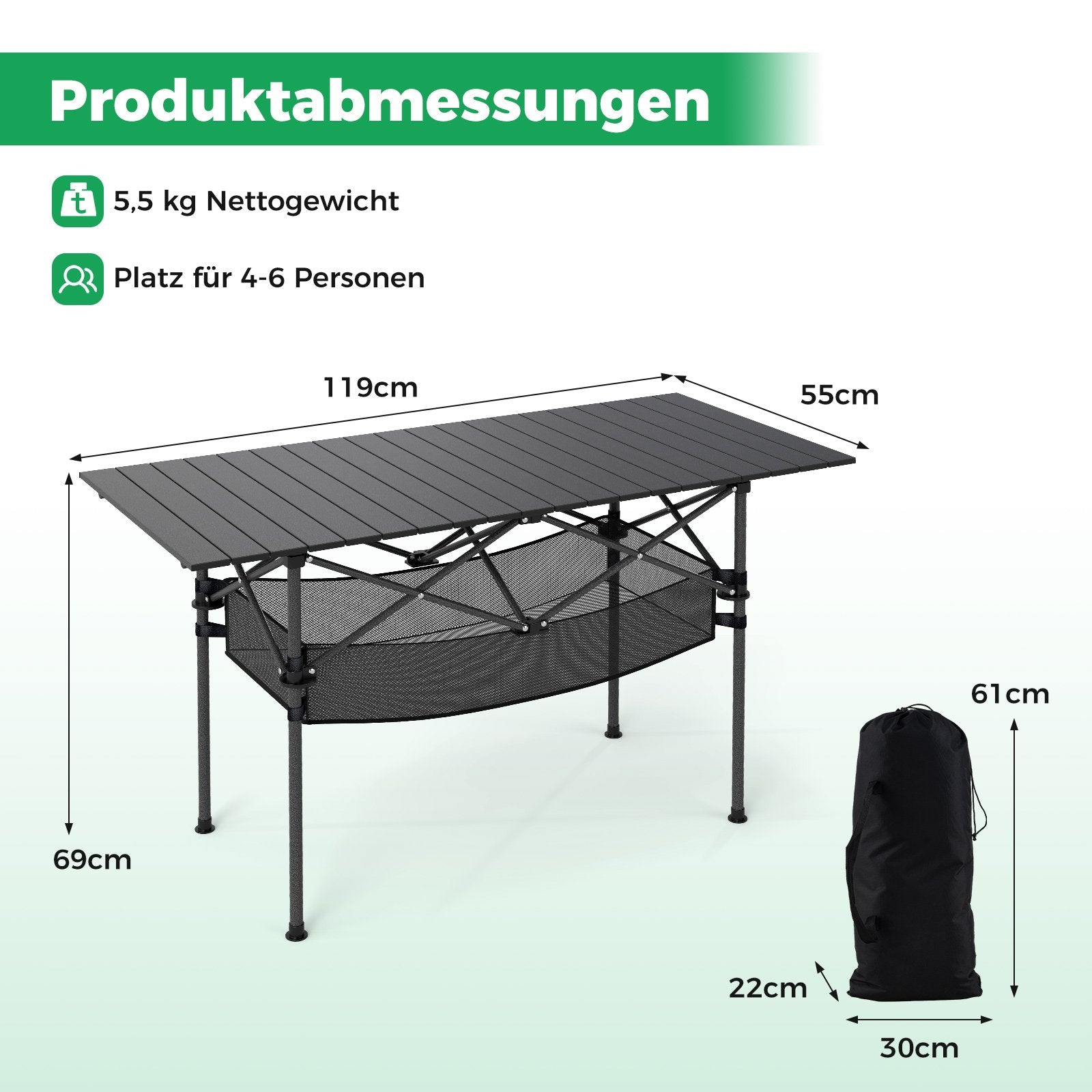 Fällbart – campingbord med rullbar aluminiumsskiva och nätkorg, fällbord – Svart