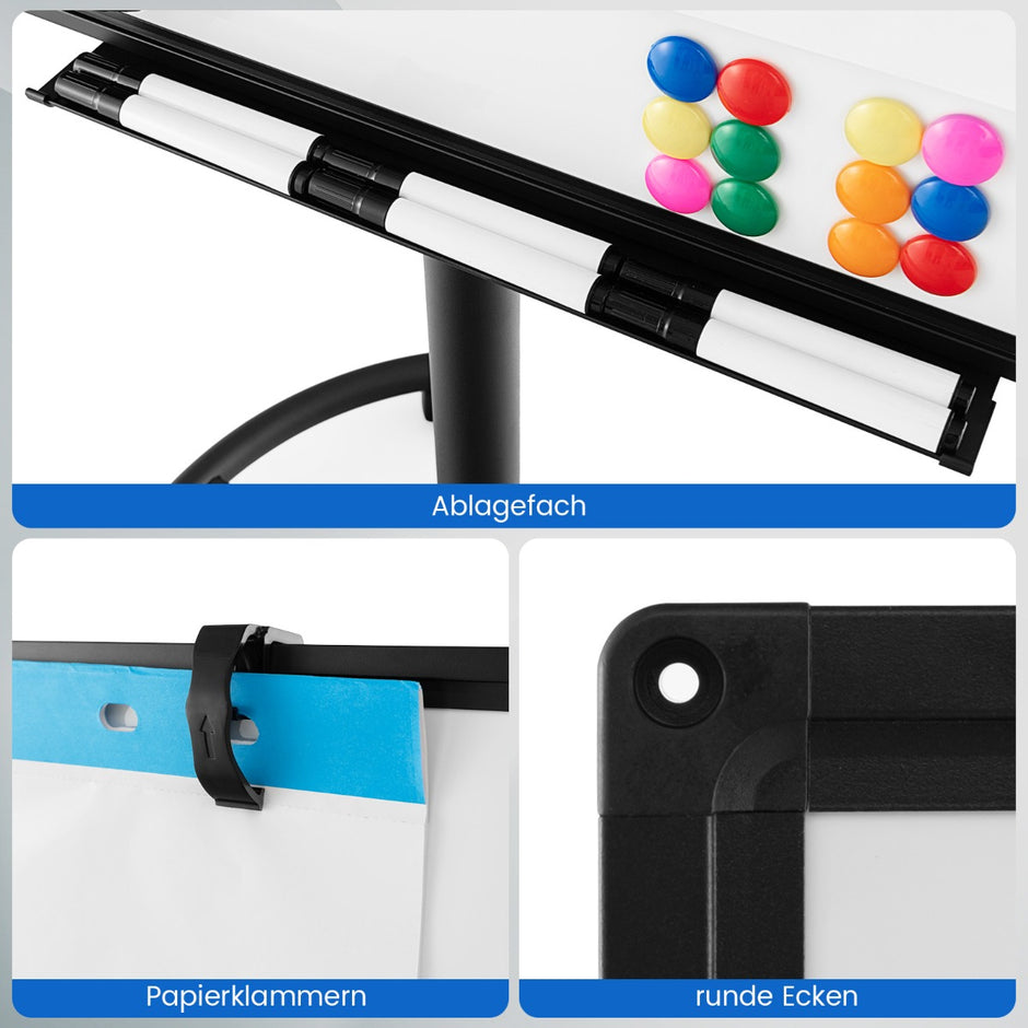 Blädderblocksställ – på hjul med magneter och markörer Whiteboard Höjdjusterbar upp till – 192 cm – Vit