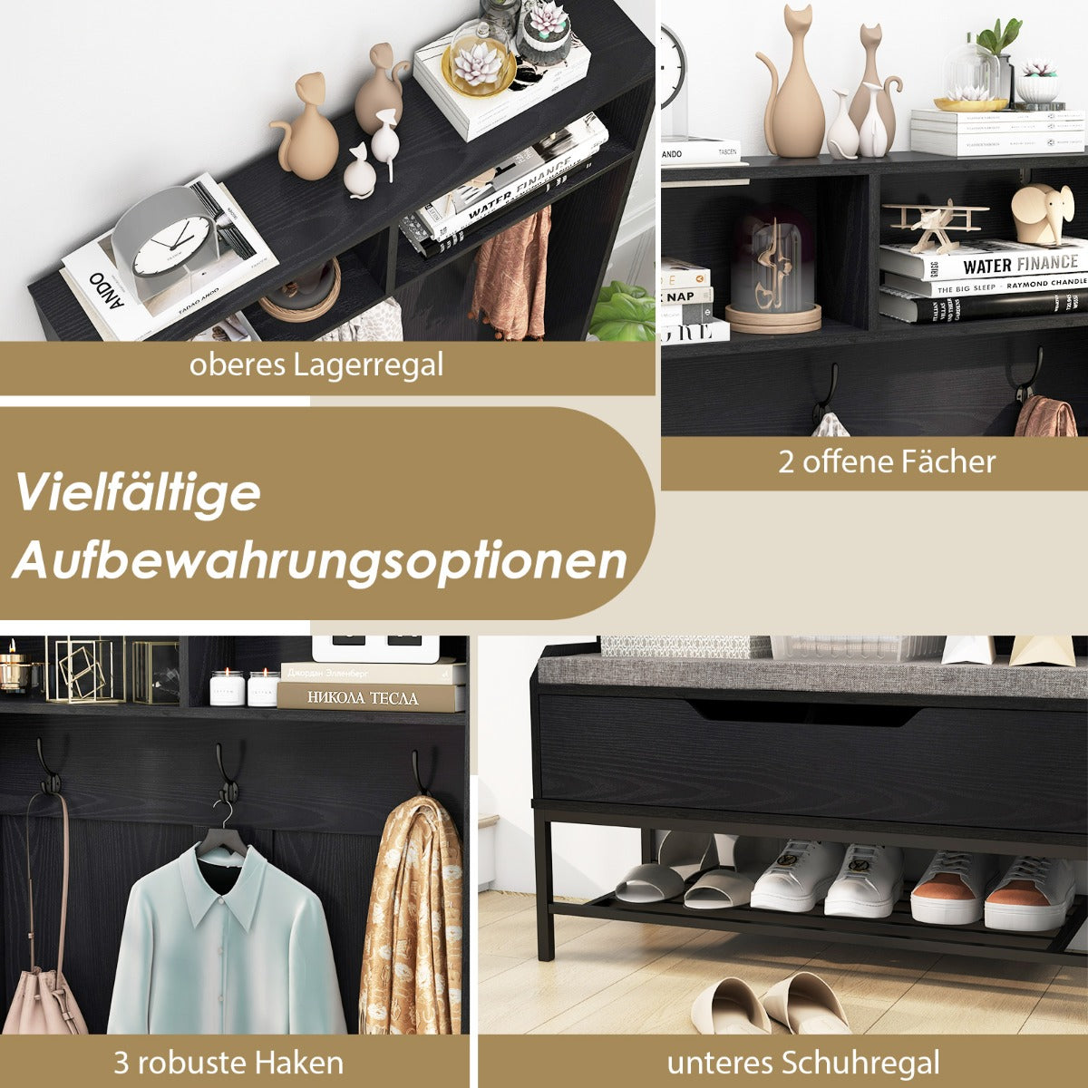 i – garderob med bänk och skoskåp krokar klädhängare – 4 1 3 – Svart