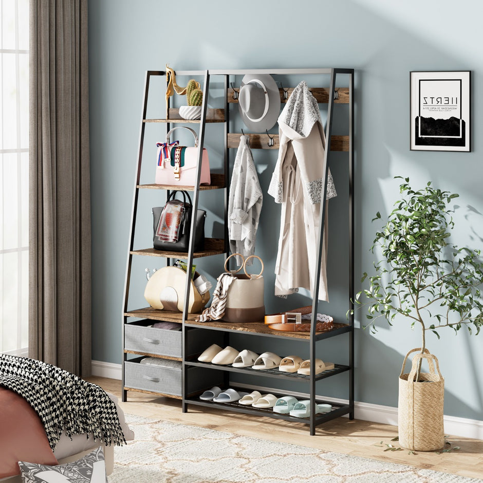 Industriell – garderob med skobänk för entrén Rustikbrun – 122 x 40 x 180 cm – Brun