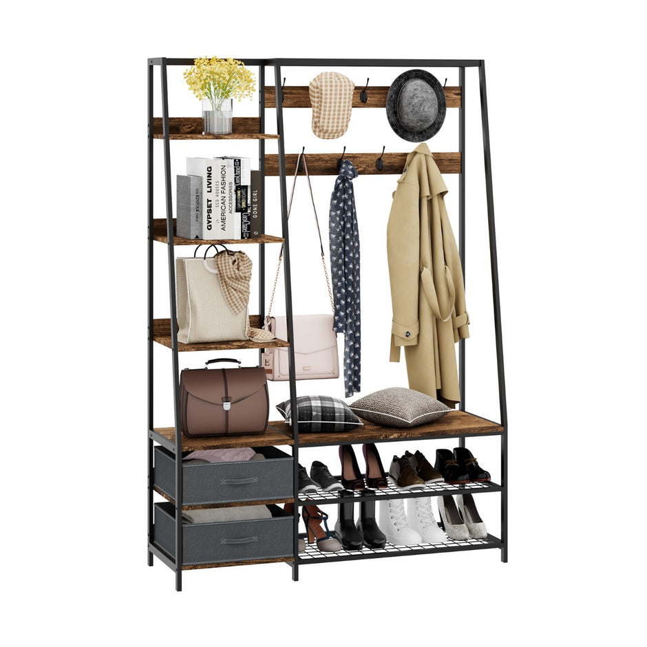 Industriell – garderob med skobänk för entrén Rustikbrun – 122 x 40 x 180 cm – Brun