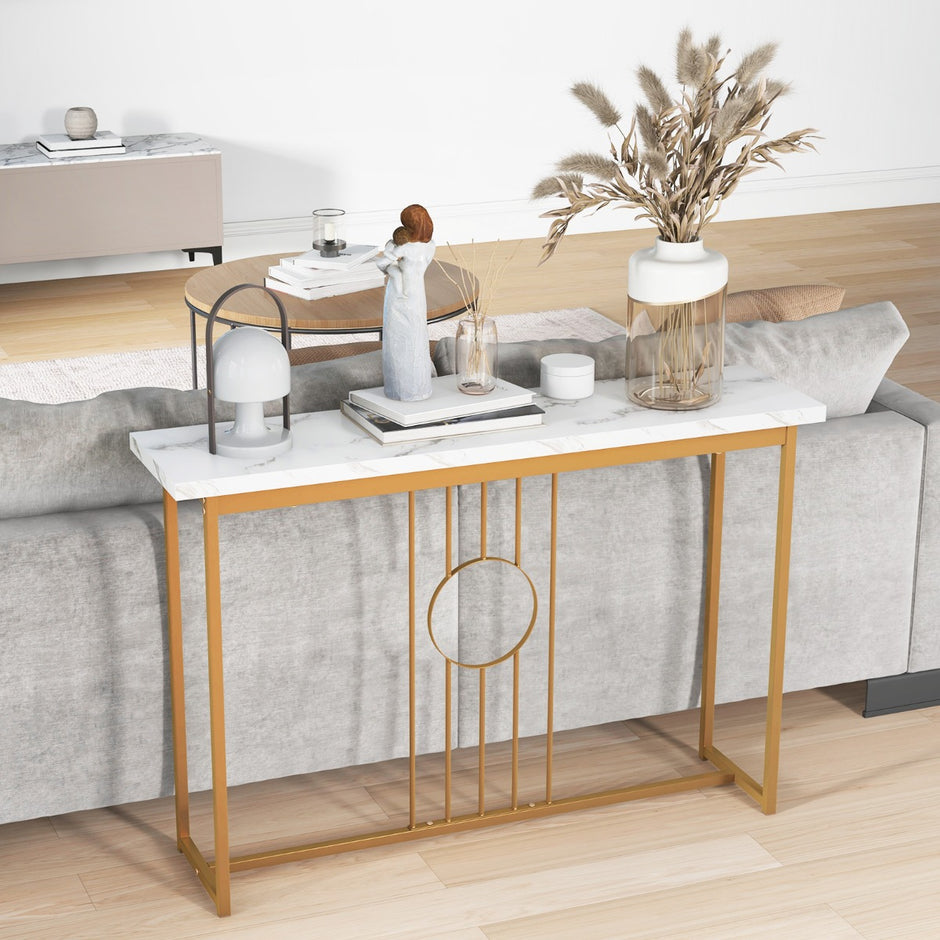 Konsolbord – i marmorlook med metallram och justerbara fotkuddar Smalt sidobord – Vit
