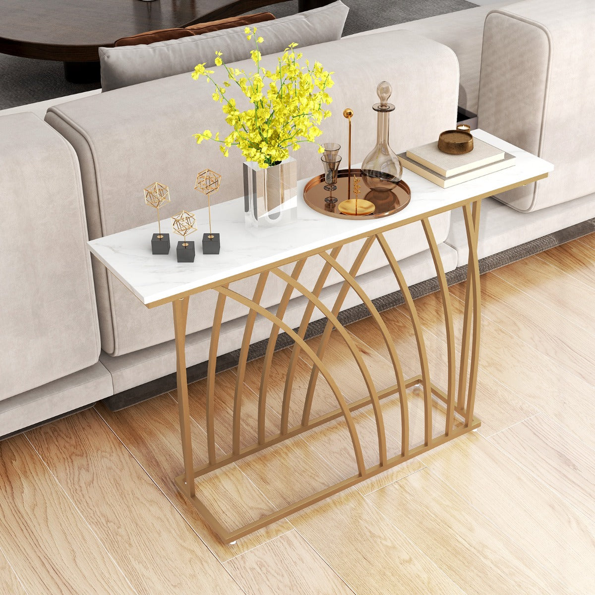 Smalt – konsolbord med marmorlook och geometrisk metallram – 120 x 30 x 80 cm – Guld