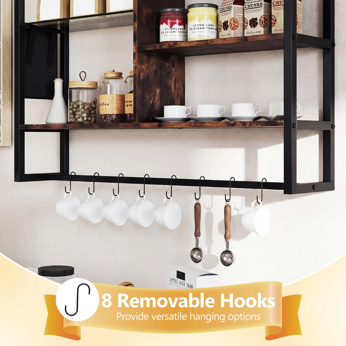 nivåers – flytande vägghylla Hängande med S krokar och sidofack (Utan ljus) – 6 8 107 x 24 x 96 cm – Rustik brun