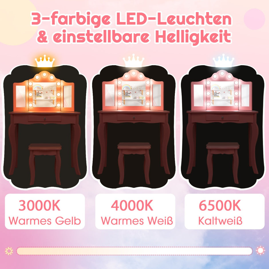i – toalettbord för barn med LED lampor och hopfällbar spegel lådor – 2 1 – Rosa
