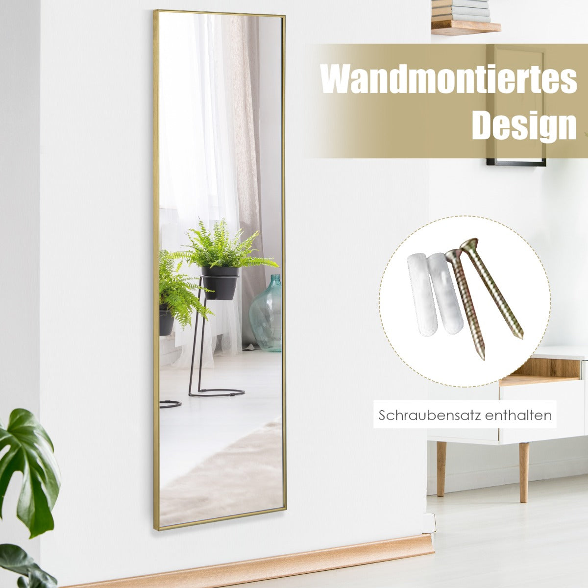 Hellängdsspegel – med höjdjusterbara hängkrokar Väggspegel Gyllene – 37 x 120 cm – Guld