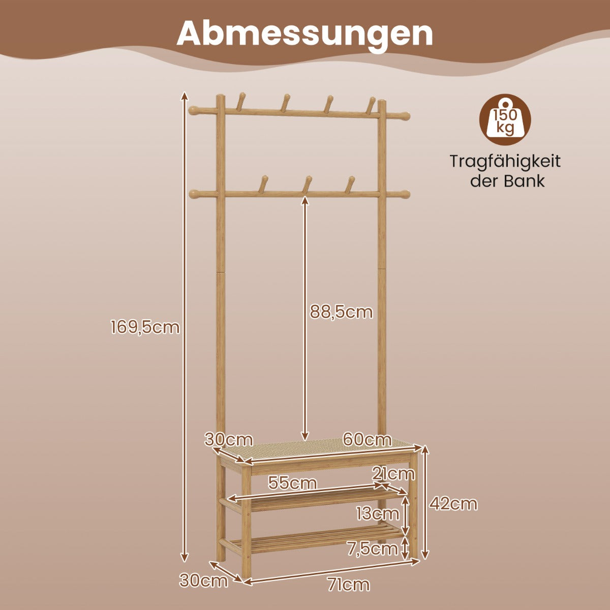 Garderob – med skobänk, skohylla, hängare och krokar, naturfärgad – 2 13 – Natur
