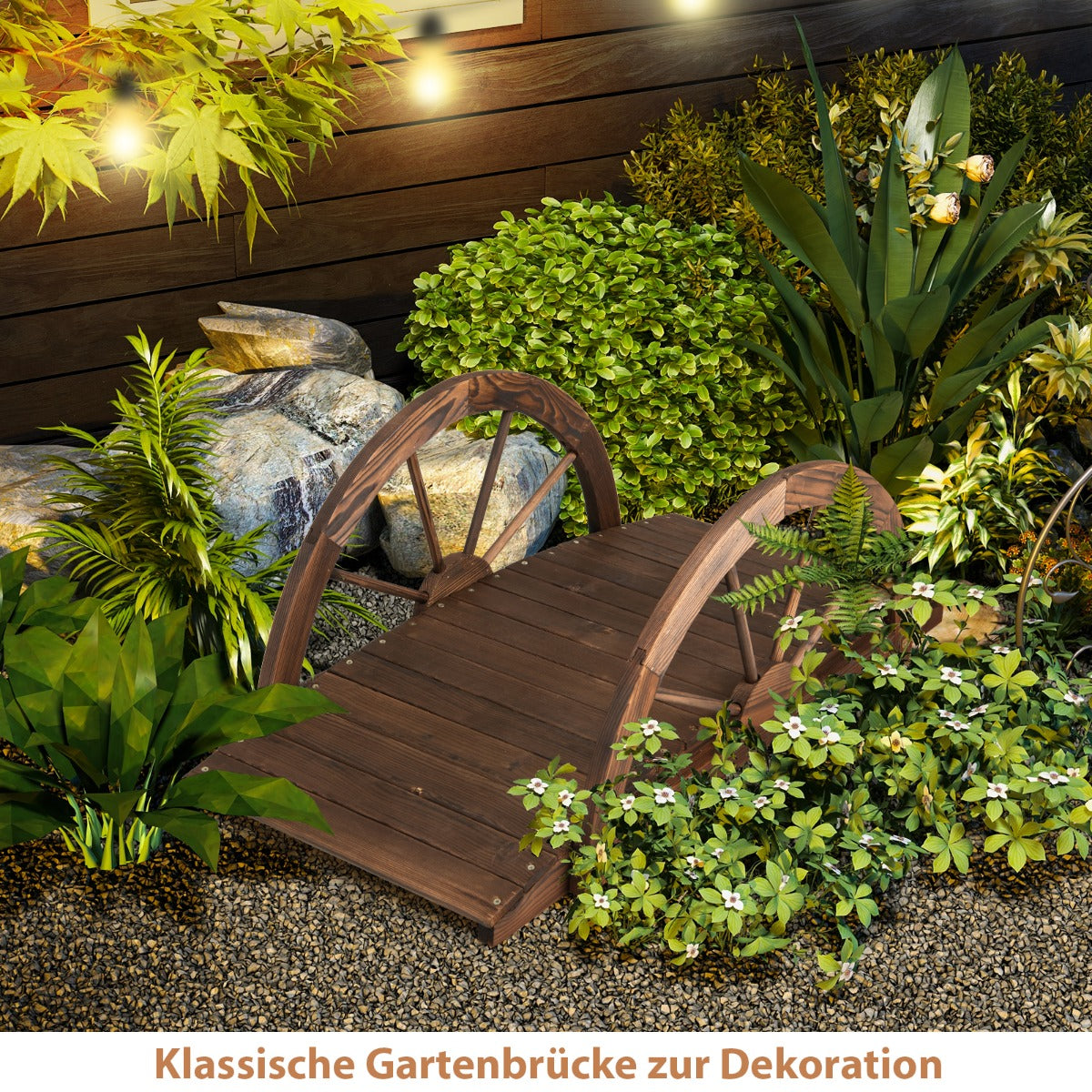 Trädgårdsbro – dammbro med dubbelt halvhjulsräcke – 101 x 48,5 x 38 cm – Brun