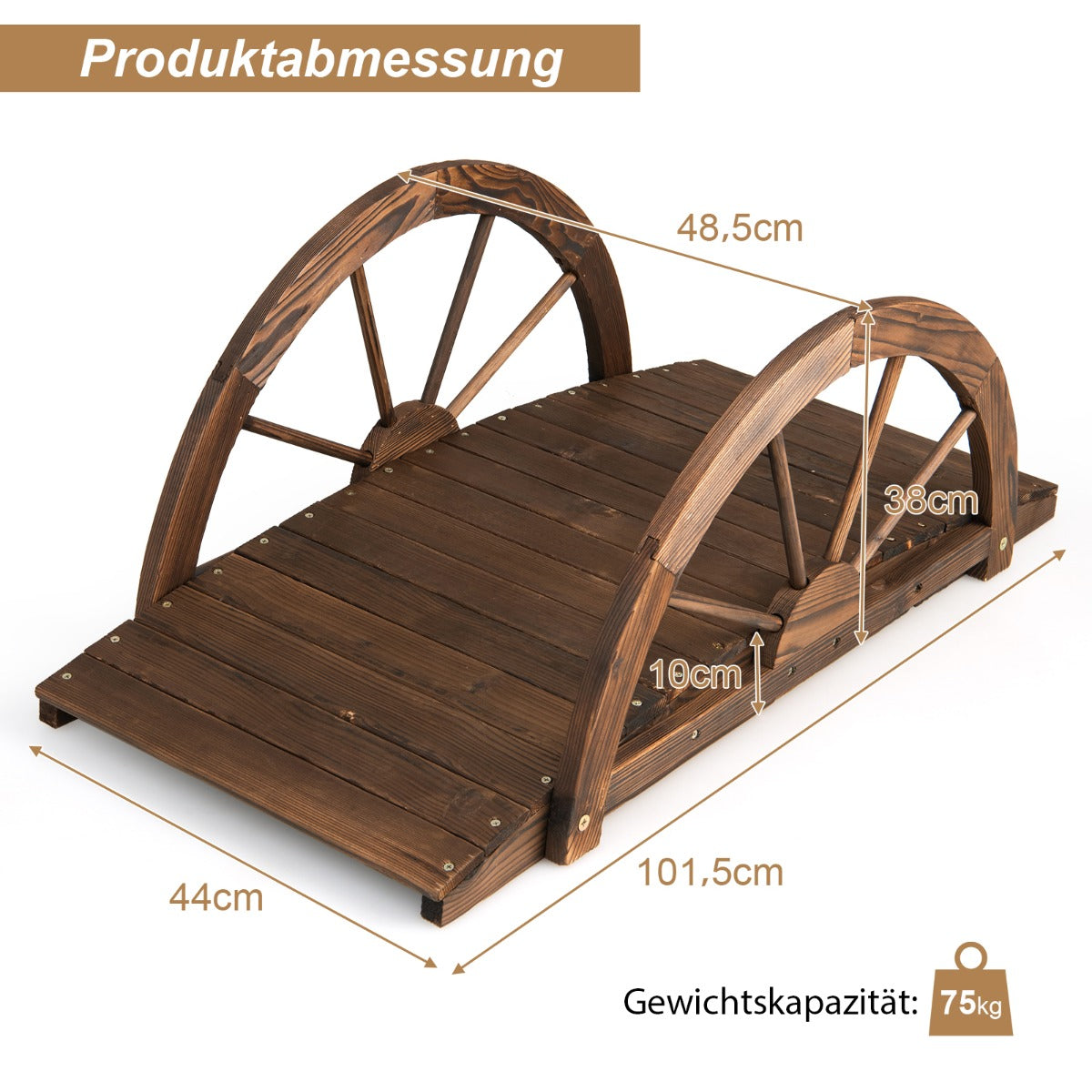Trädgårdsbro – dammbro med dubbelt halvhjulsräcke – 101 x 48,5 x 38 cm – Brun