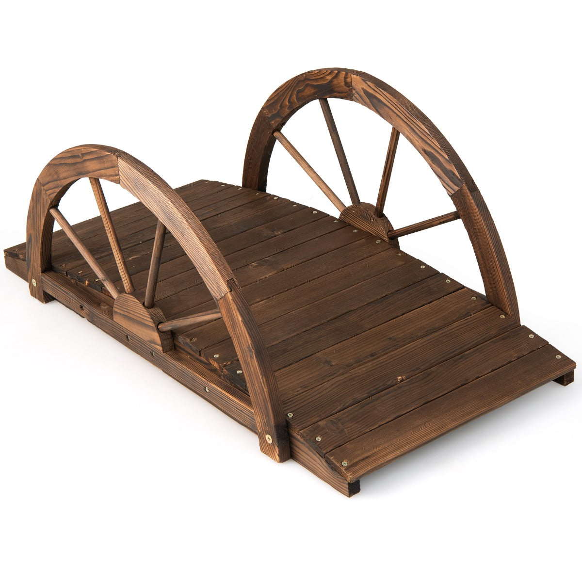 Trädgårdsbro – dammbro med dubbelt halvhjulsräcke – 101 x 48,5 x 38 cm – Brun