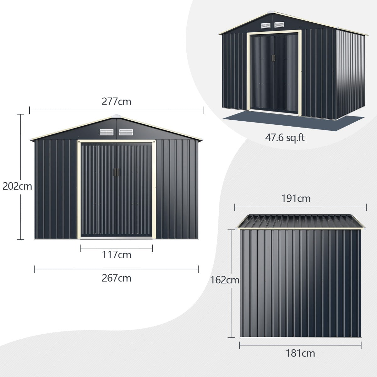 Trädgårdshus – av stål Multifunktionsskjul – 277 x 202 x 191 cm – Grå