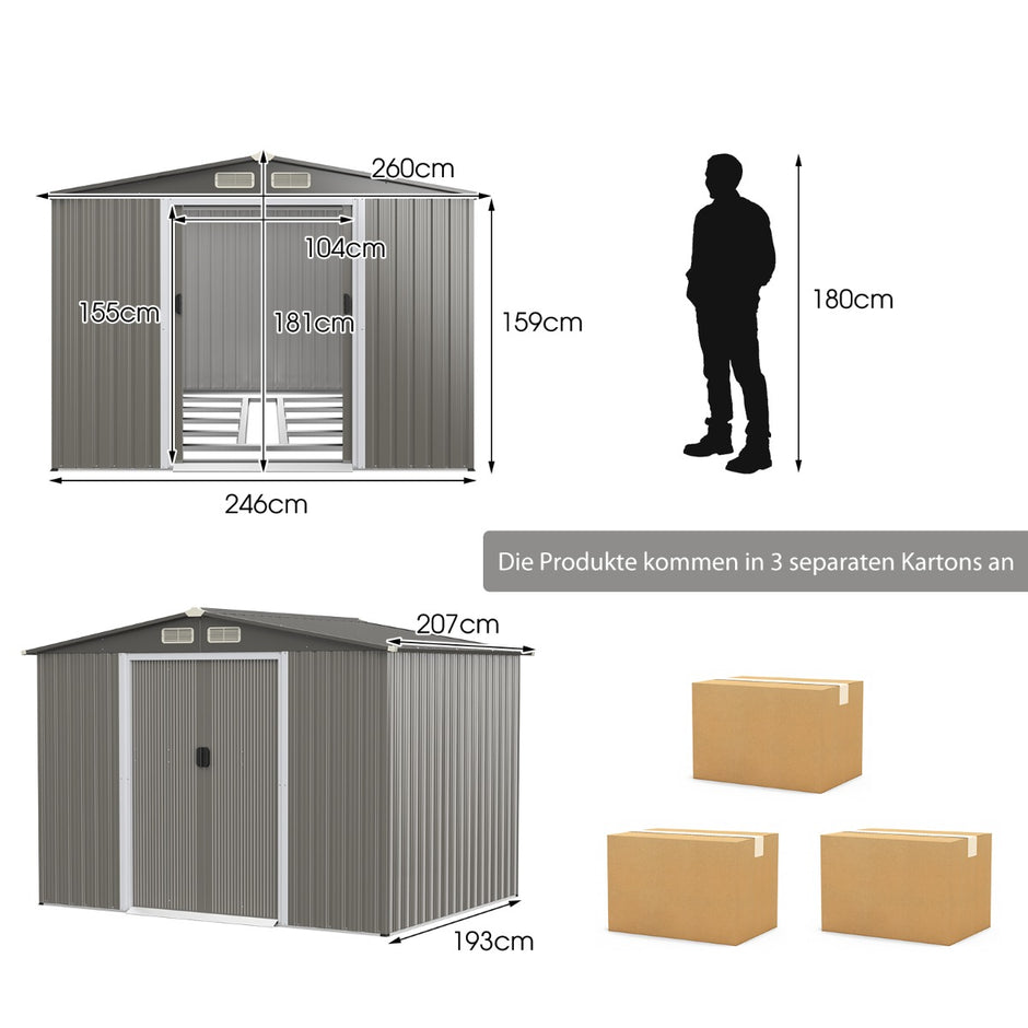 Verktygsbod – av galvaniserat stål med fundament och pardörrar ramp – 260 x 207 x 180 cm – Grå