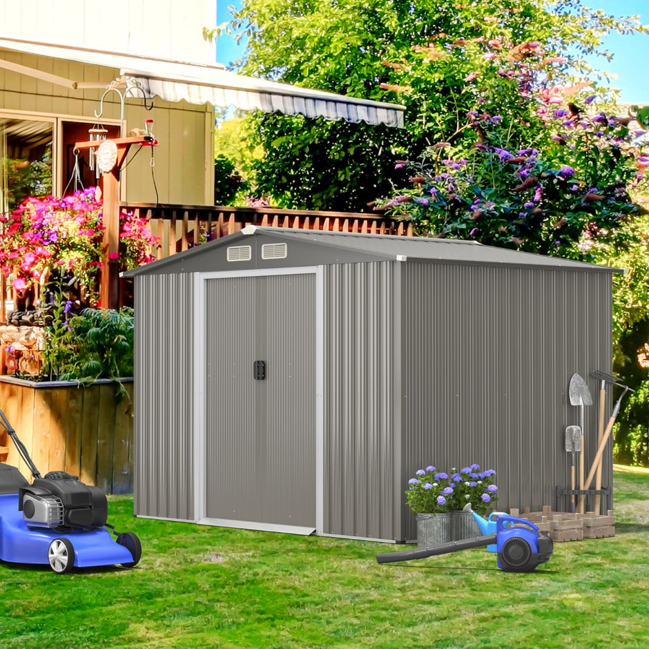 Verktygsbod – av galvaniserat stål med fundament och pardörrar ramp – 260 x 207 x 180 cm – Grå