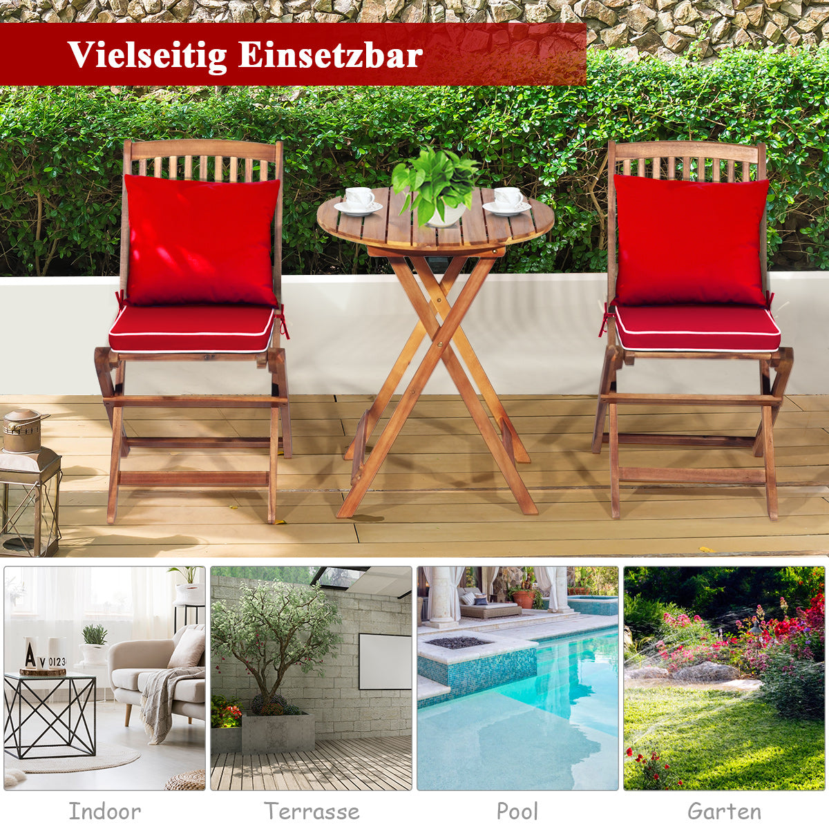 delat – set Utemöbler med runt bord och stolar kuddar Ergonomisk sittset – 3 2 2 – Röd