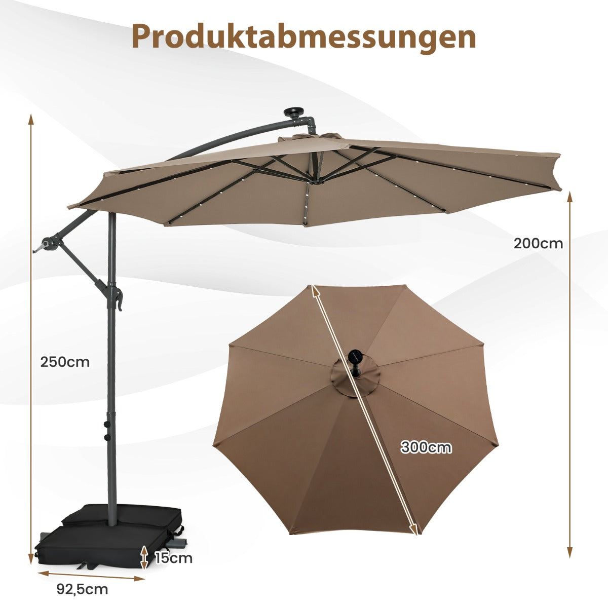 Fribärande – parasoll med solar LED lampor och sandsäckar vev UV skydd – 40 Ø 300 cm – Brun