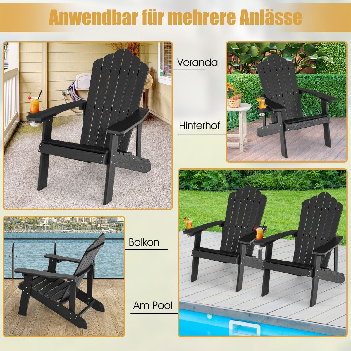 Adirondack – Chair Trädgårdsstol med Mugghållare – Svart