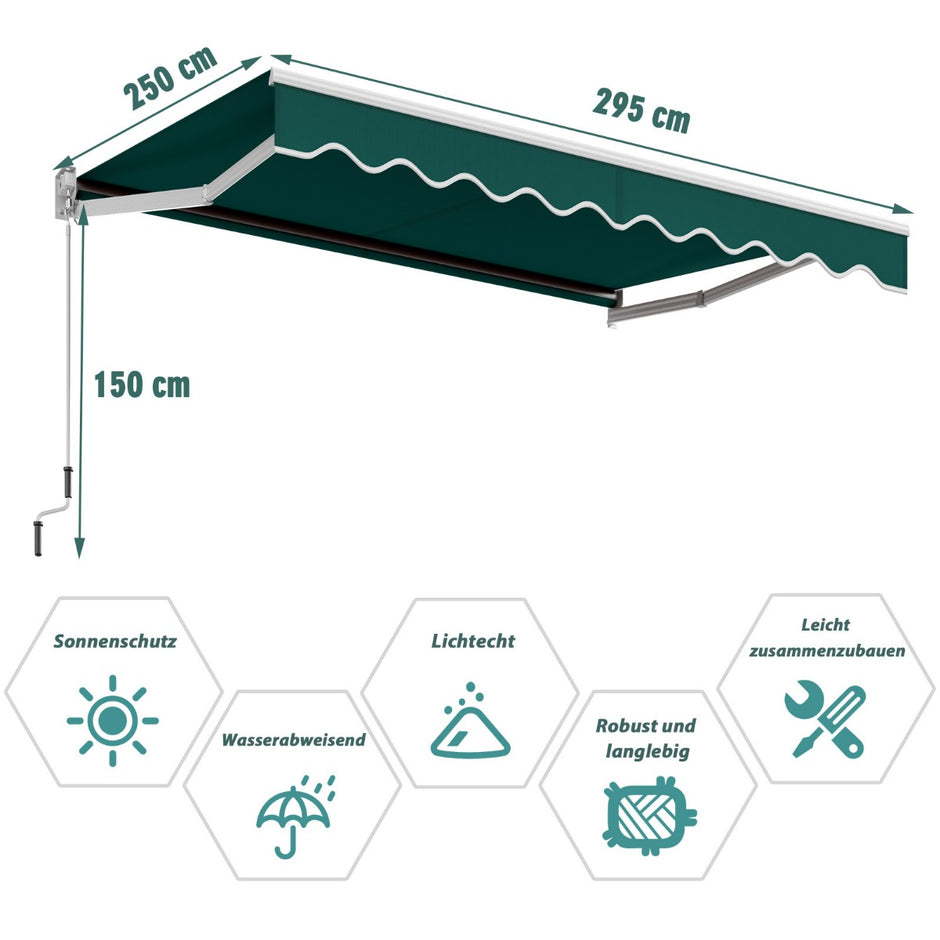 Gelenkarmmarkis – Solmarkis Balkongmarkis Terrassmarkis Klemmarkis med UV och vattenbeständigt material – 3 x 2,5 m – Grön