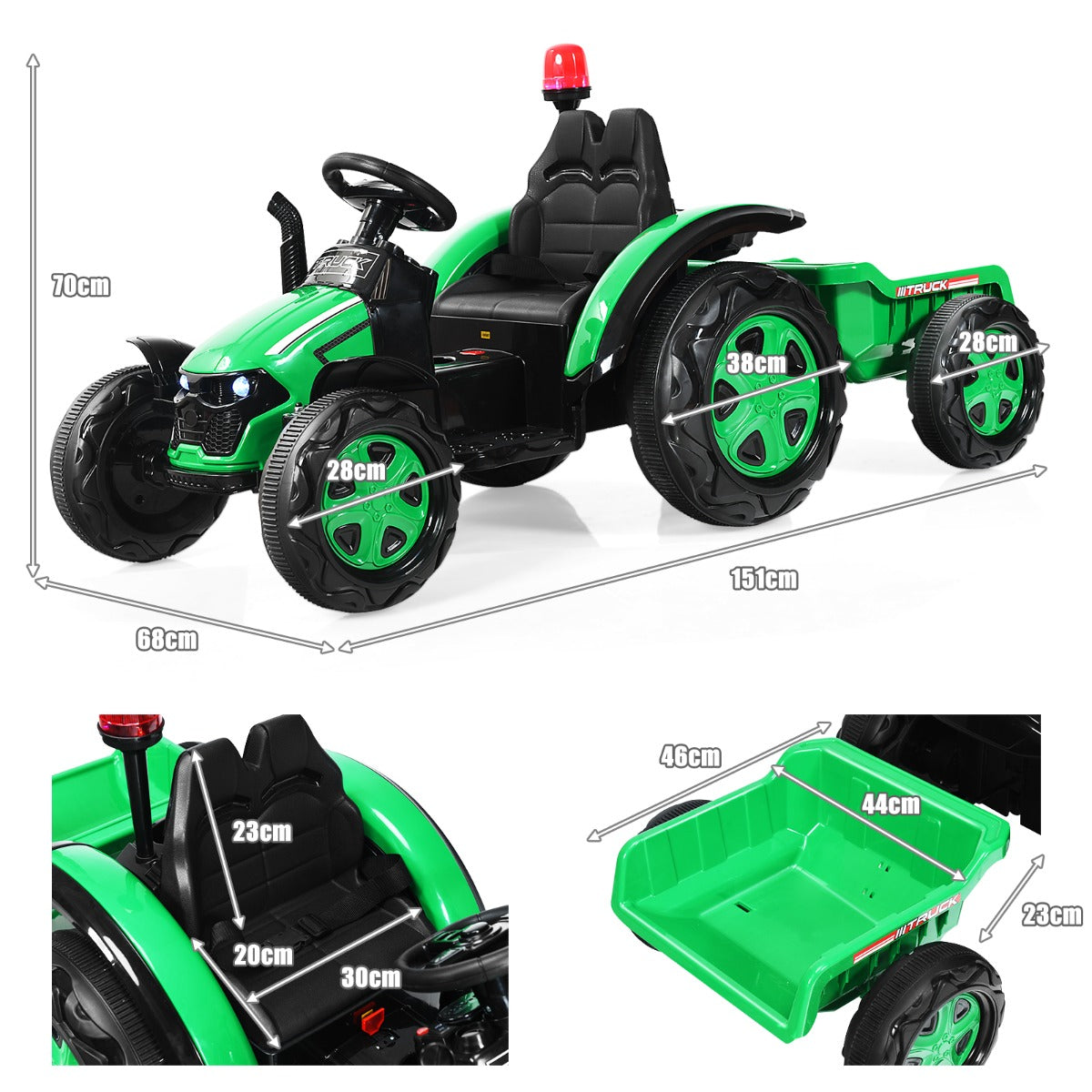 12V – eltraktor för barn med släpleksakstraktor – 151 x 68 x 70 cm – Grön
