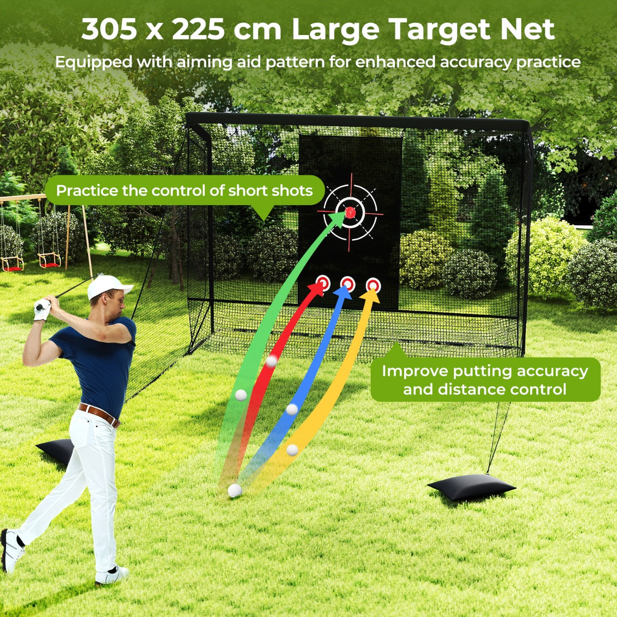 Golfnät – golfövningsnät med måltavla vikbara sidodelar och golvnät – 300 x 214 x 225 cm – Svart