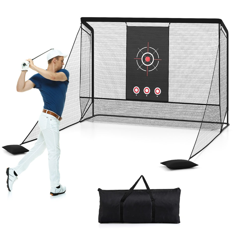 Golfnät – golfövningsnät med måltavla vikbara sidodelar och golvnät – 300 x 214 x 225 cm – Svart