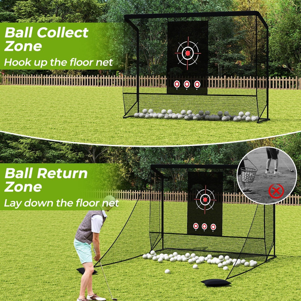 Golfnät – golfövningsnät med måltavla vikbara sidodelar och golvnät – 300 x 214 x 225 cm – Svart