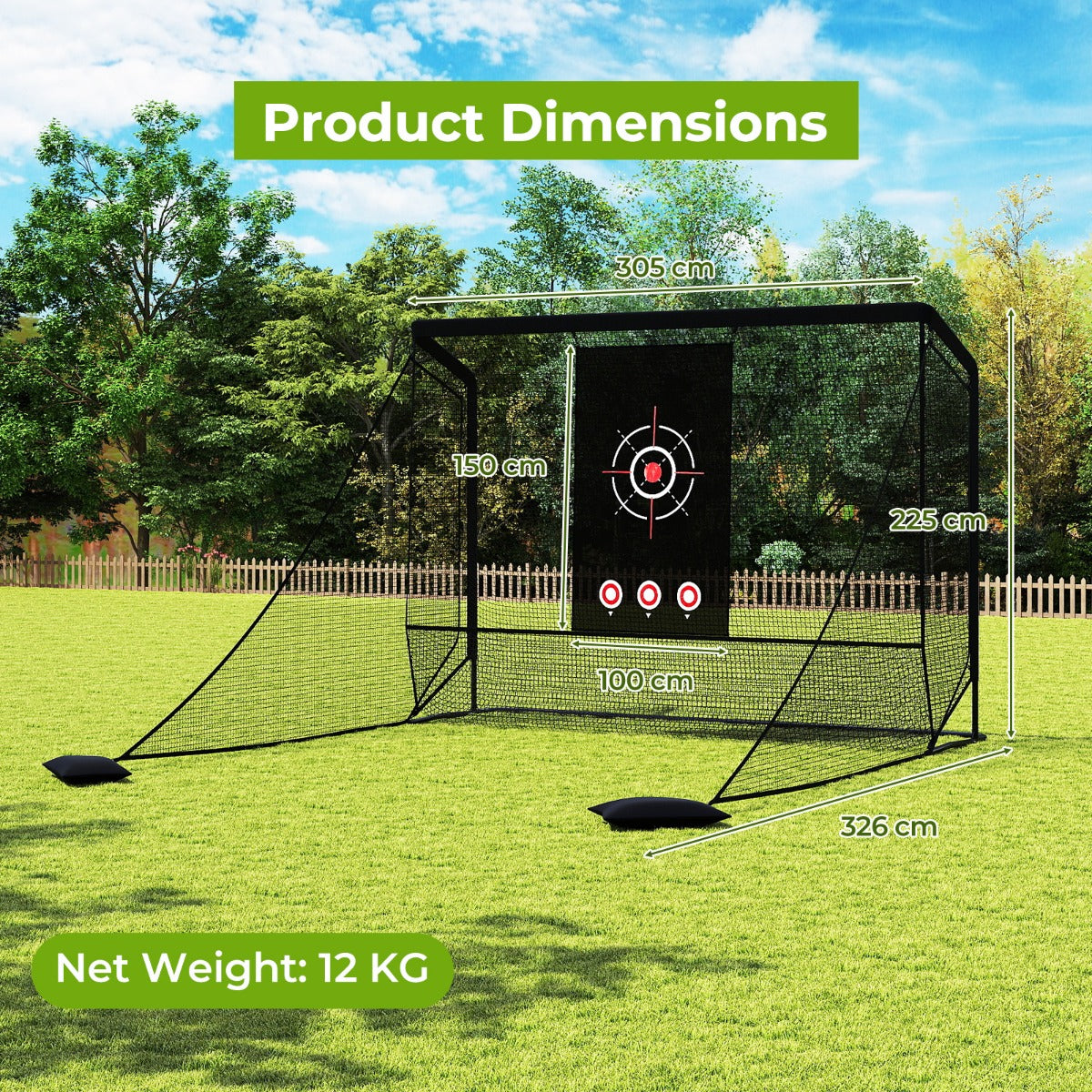 Golfnät – golfövningsnät med måltavla vikbara sidodelar och golvnät – 300 x 214 x 225 cm – Svart