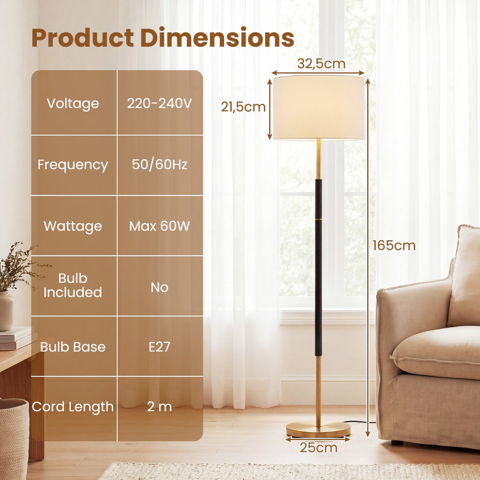 Stående – lampa med linneskärm, E27 sockel och fotbrytare – 165 cm – Svart