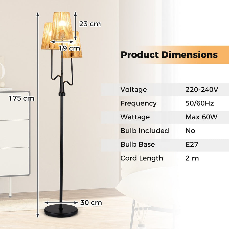 Golvlampa – Lågig Stehlampa Med Metallbas och Pappersflätad Lampskärm Läslampa – 3 175 cm – Svart