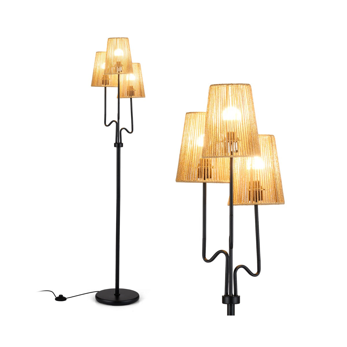 Golvlampa – Lågig Stehlampa Med Metallbas och Pappersflätad Lampskärm Läslampa – 3 175 cm – Svart