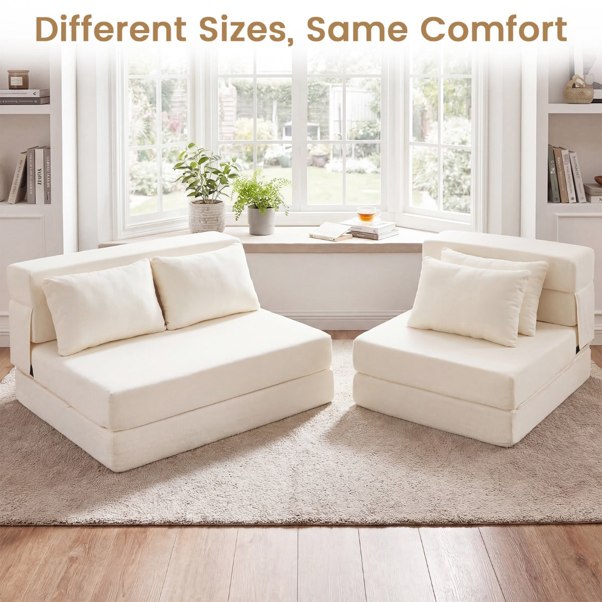 i – Fällbar soffa/säng av chenille med kudde för vardagsrum, sovrum eller hemtkontor – 3 1 2 – Beige