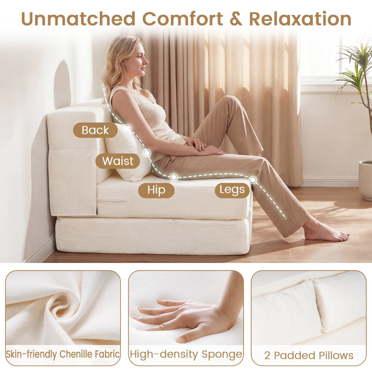 Fällbar – sängsoffa i i chenille med kudde för vardagsrum, sovrum och hemtkontor – 3 1 2 – Beige