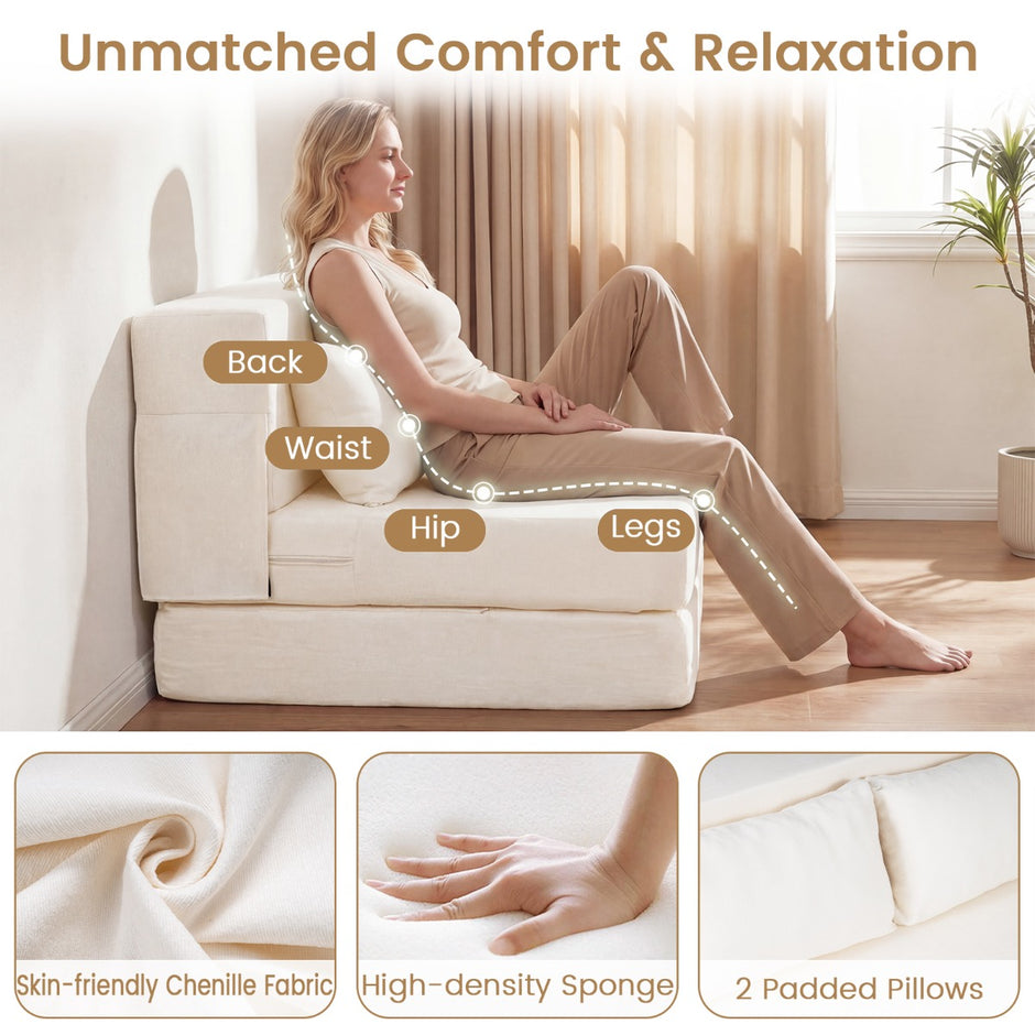 Fällbar – sängsoffa i i chenille med kudde för vardagsrum, sovrum och hemtkontor – 3 1 2 – Beige