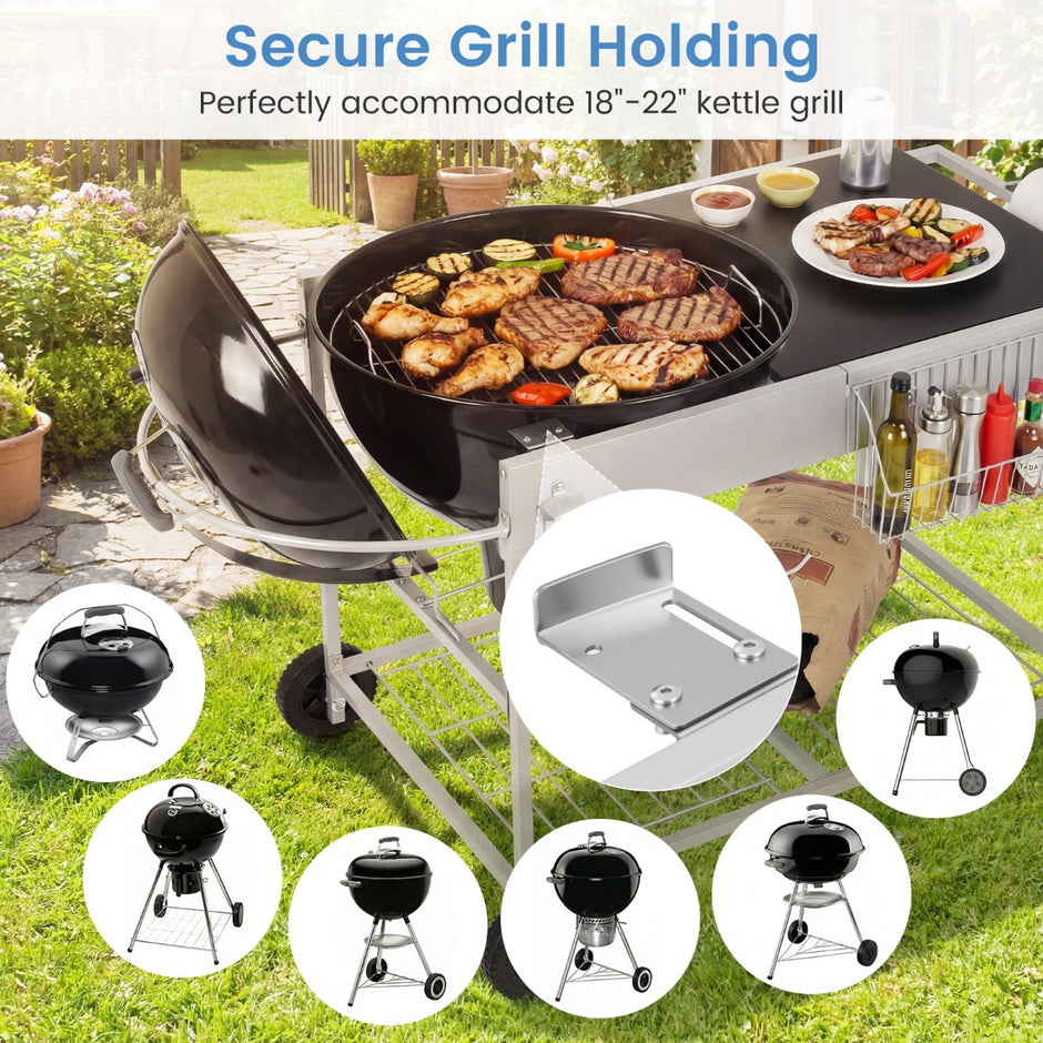 Grillvagn – med hjul, stor arbetsplatta, kryddhylla och papperskorg sidovagn grillbord – 4 – Svart
