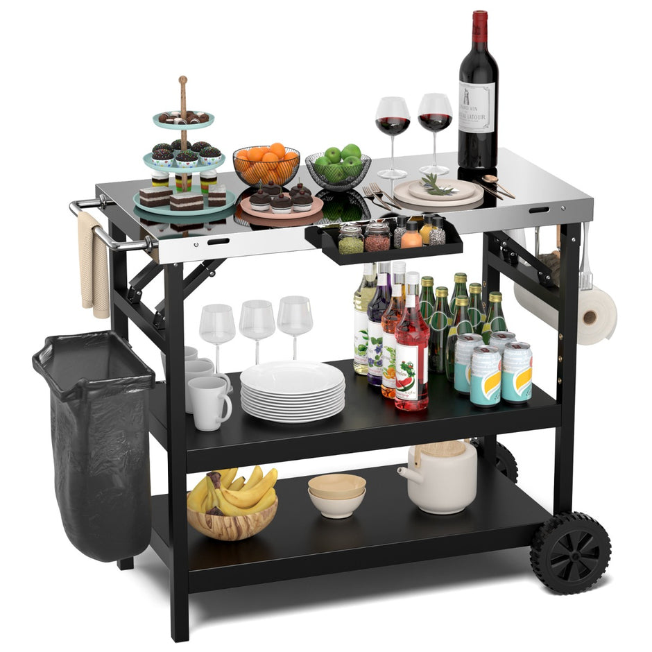 Grillbord – med hyllor och mobilställ kryddställ handdukshållare serveringsvagn – 3 – Svart och silver