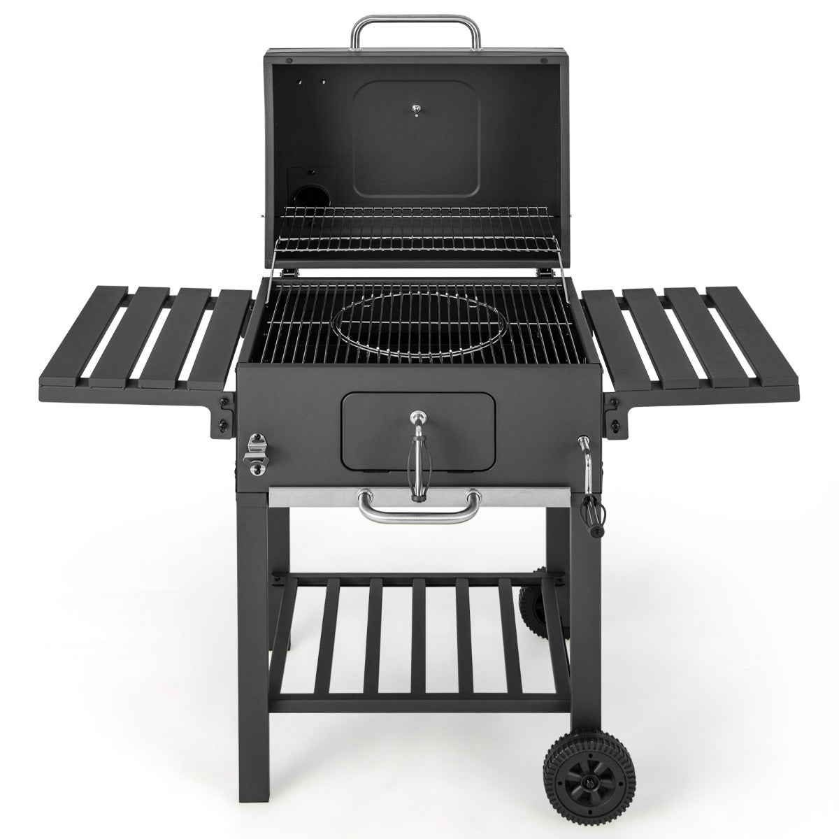 Kolgrill – med lock och fällbara sidobord krokar termometer flasköppnare – 2 8 – Svart