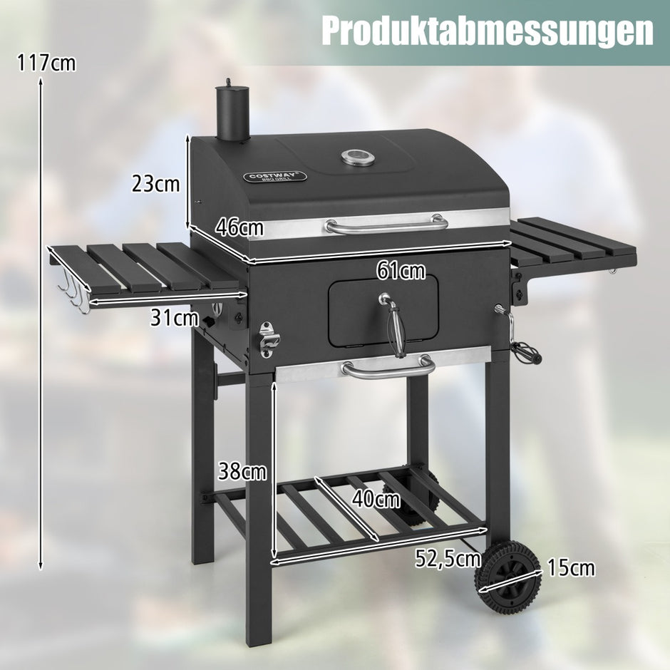 Kolgrill – med lock och fällbara sidobord krokar termometer flasköppnare – 2 8 – Svart