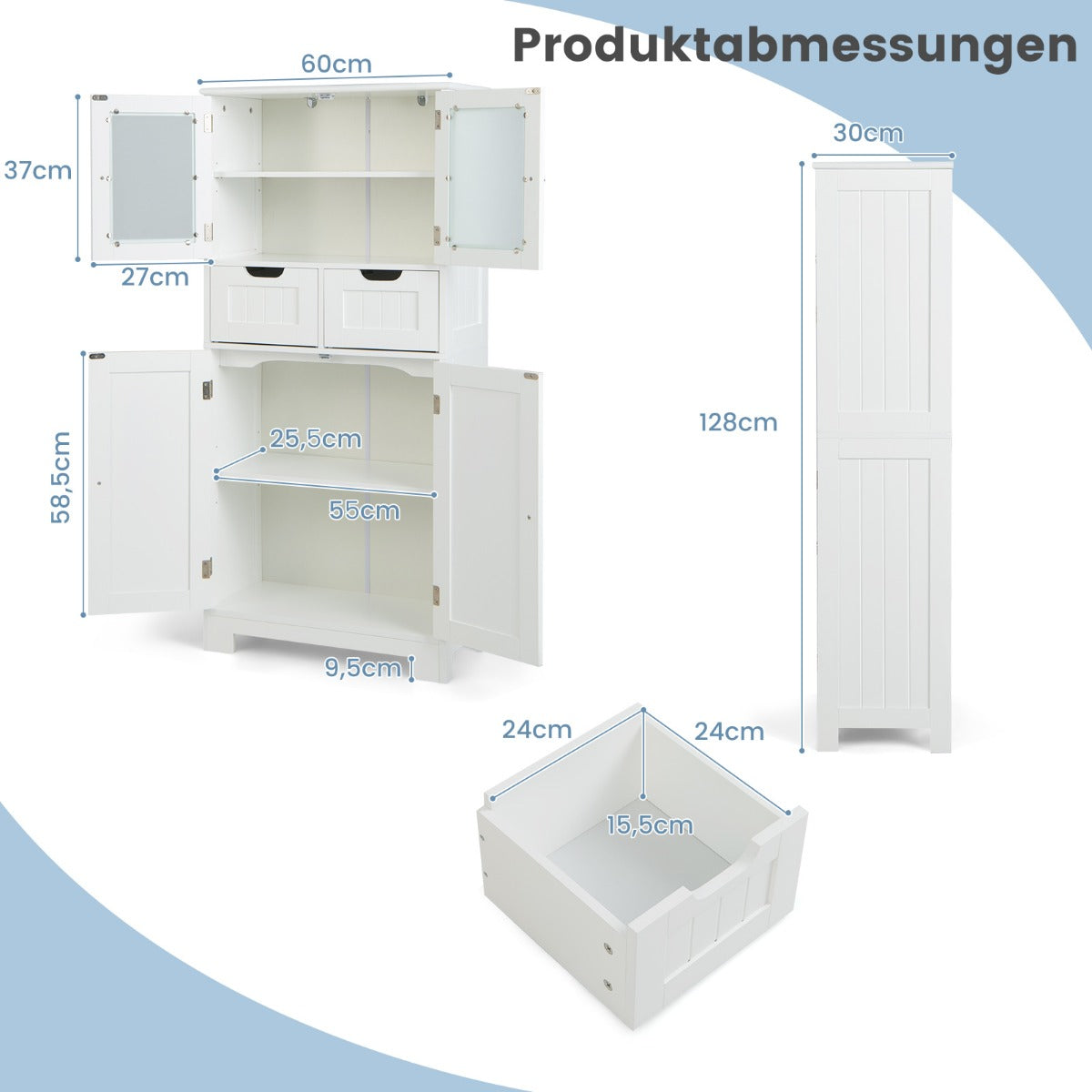 Förvaringsskåp – Fristående badrumsskåp med glasdörrar – 2 60 x 30 x 128 cm – Vit