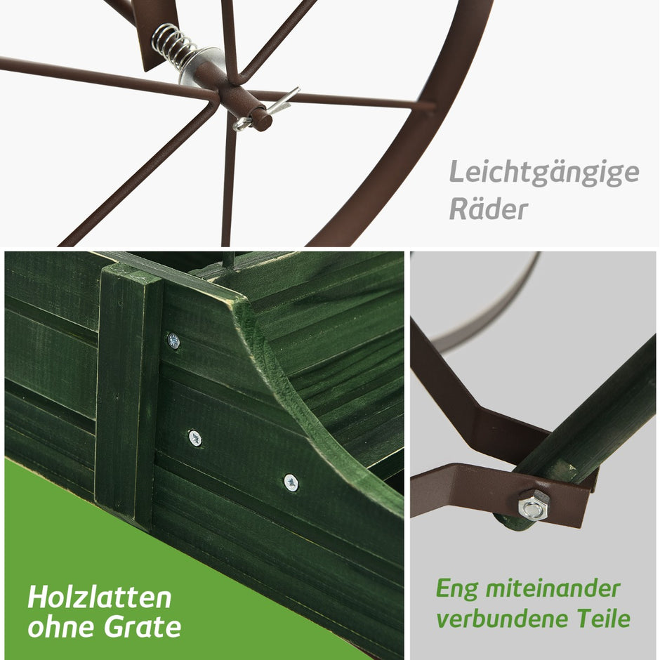 Trävagn – Blomlåda Dekorativ blomsterlåda med hjul – 62 x 34 x 60 cm – Grön