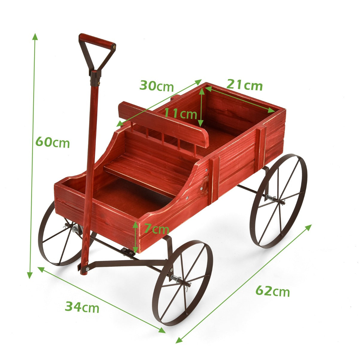 Blomsterställ – Trävagn Växtvagn Blomstervagn med Metall – 62 x 34 x 60 cm – Röd
