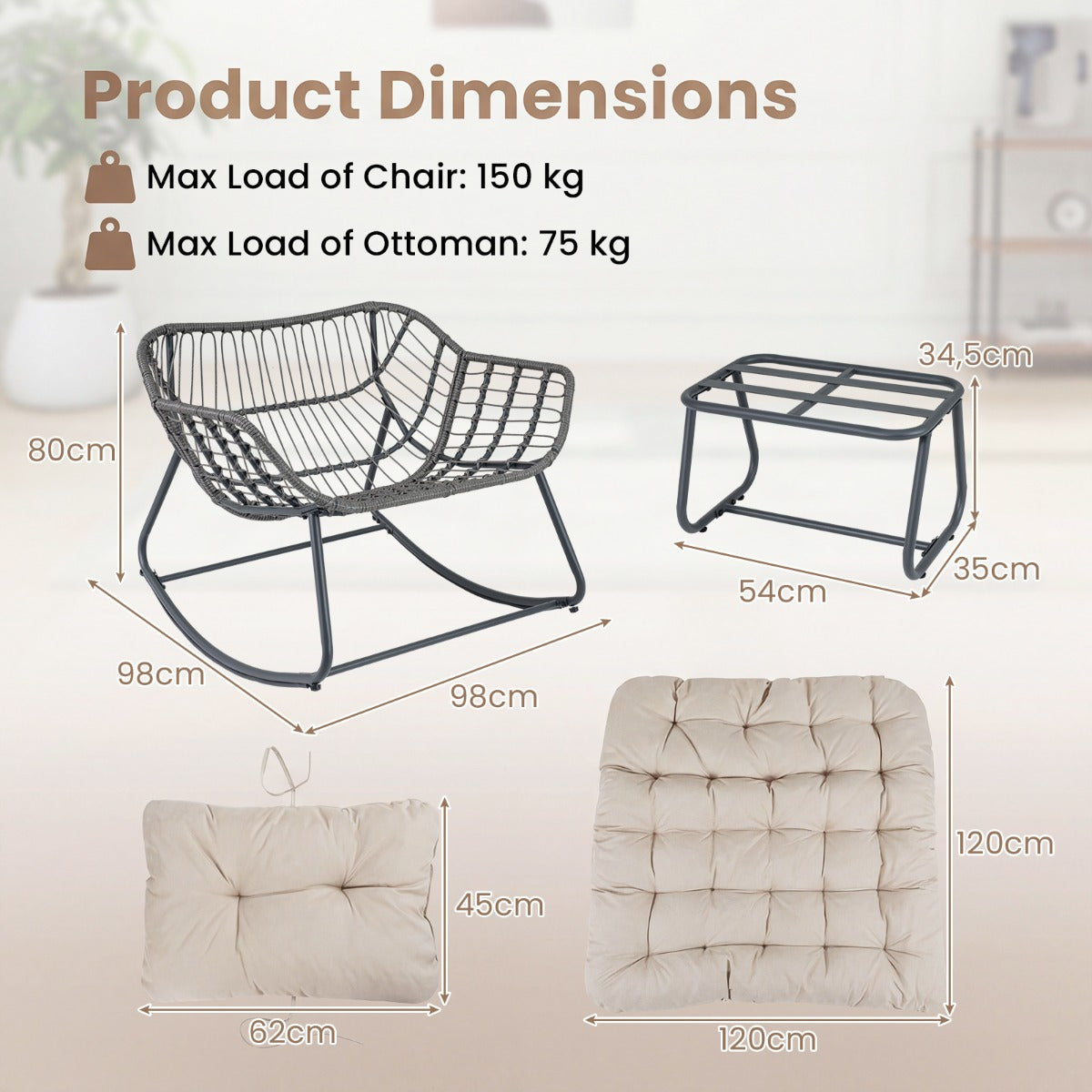 Gungstol – med pall, gungfåtölj av PE rotting och metallram, ergonomisk relaxfåtölj – Beige