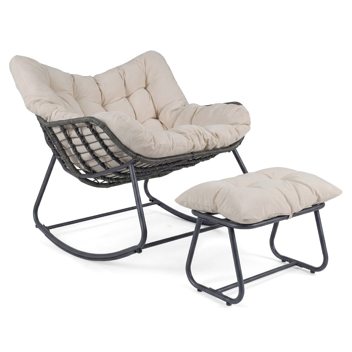 Gungstol – med pall, gungfåtölj av PE rotting och metallram, ergonomisk relaxfåtölj – Beige