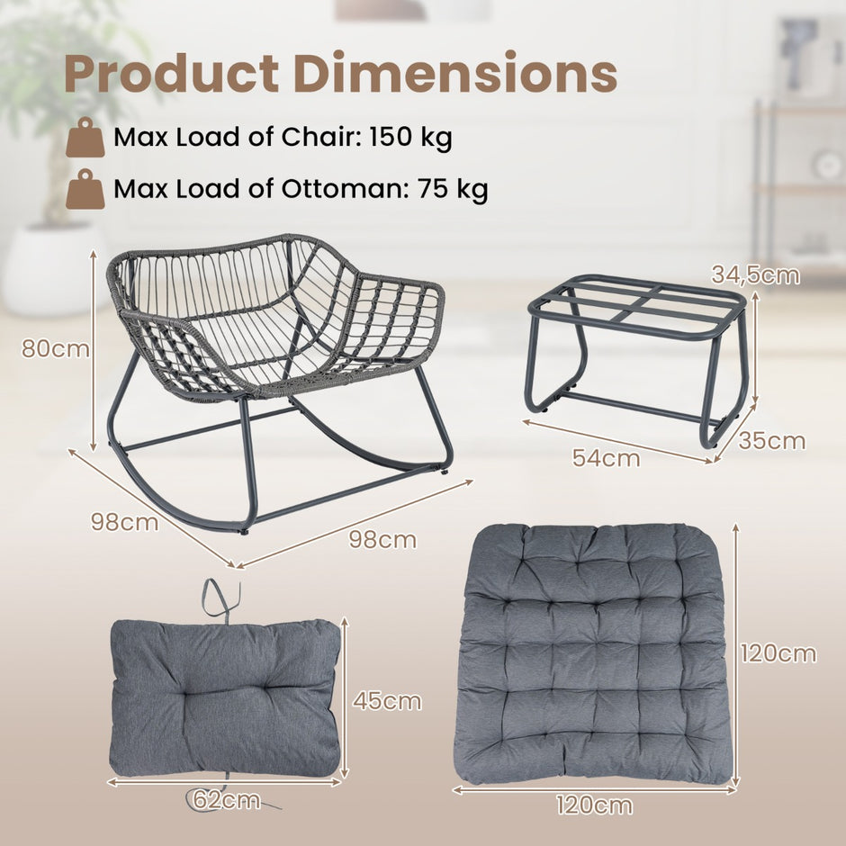 Schaukelstuhl – med Pall Gungfåtölj PE Rattan och Metallram ergonomisk Relaxfåtölj – Grå