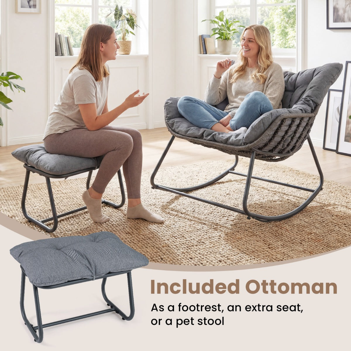 Schaukelstuhl – med Pall Gungfåtölj PE Rattan och Metallram ergonomisk Relaxfåtölj – Grå