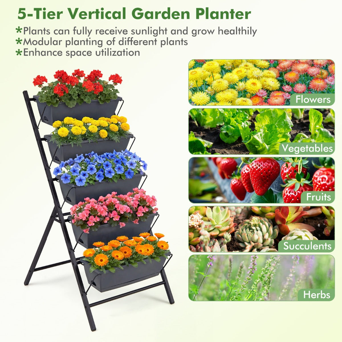 stegs – vertikalt odlingsbädd med uttagbara blomlådor – 5 5 – Svart