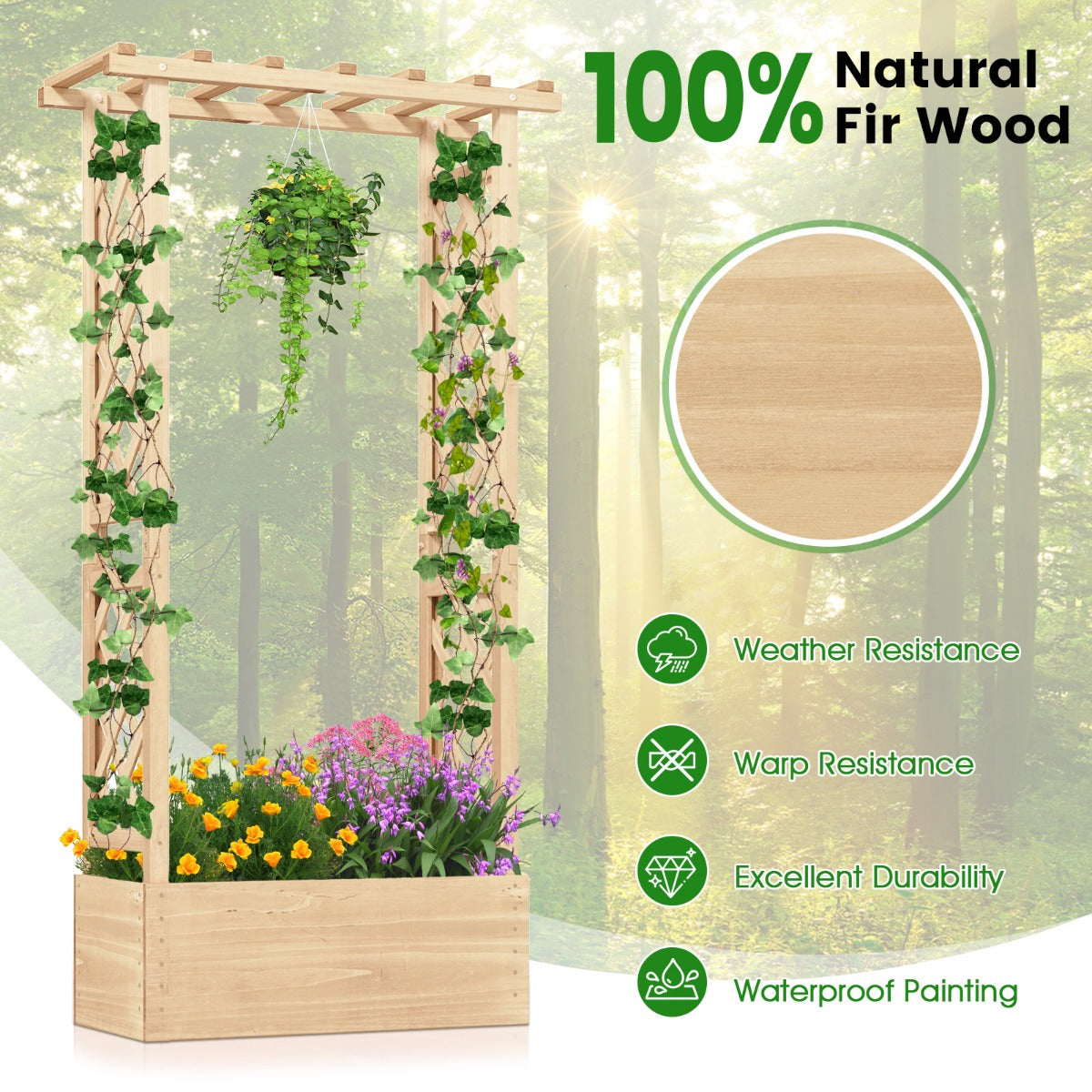 Höjdsäng – med spalier fristående plantlåda i trä takavlopp dräneringshål naturlig – Natur