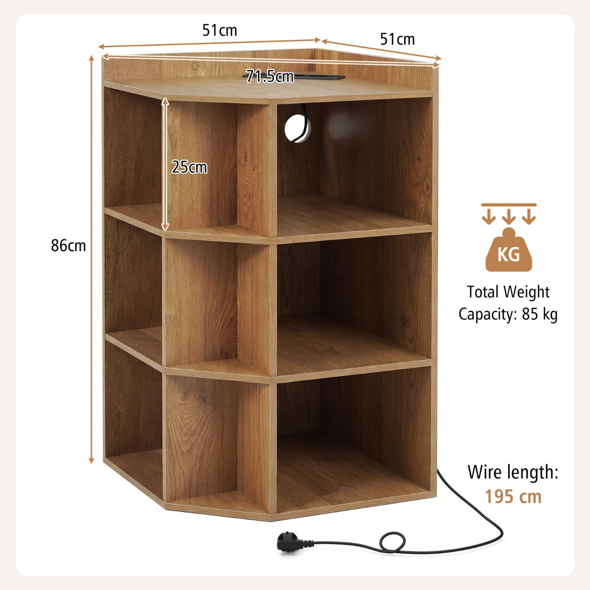 Hörn – bokhylla med laddstation fack och USB uttag – 9 1 2 – Natur
