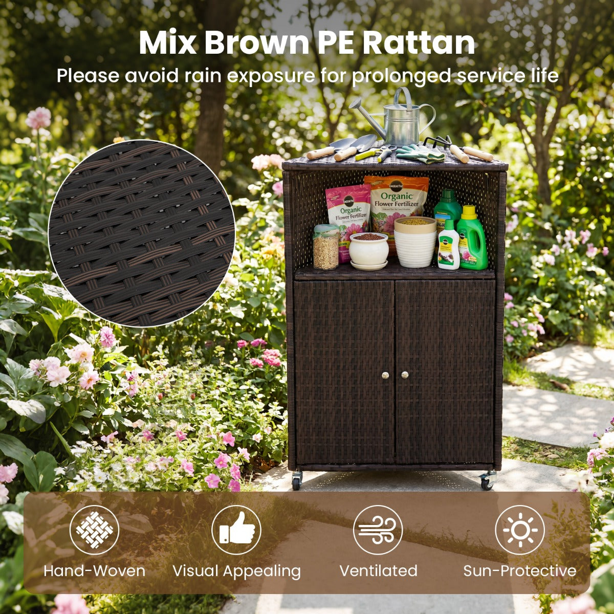 Hörnskåp – Rattan utomhusförvaringsskåp med hyllor, dörrar och låsbara hjul – 3 2 – Brun
