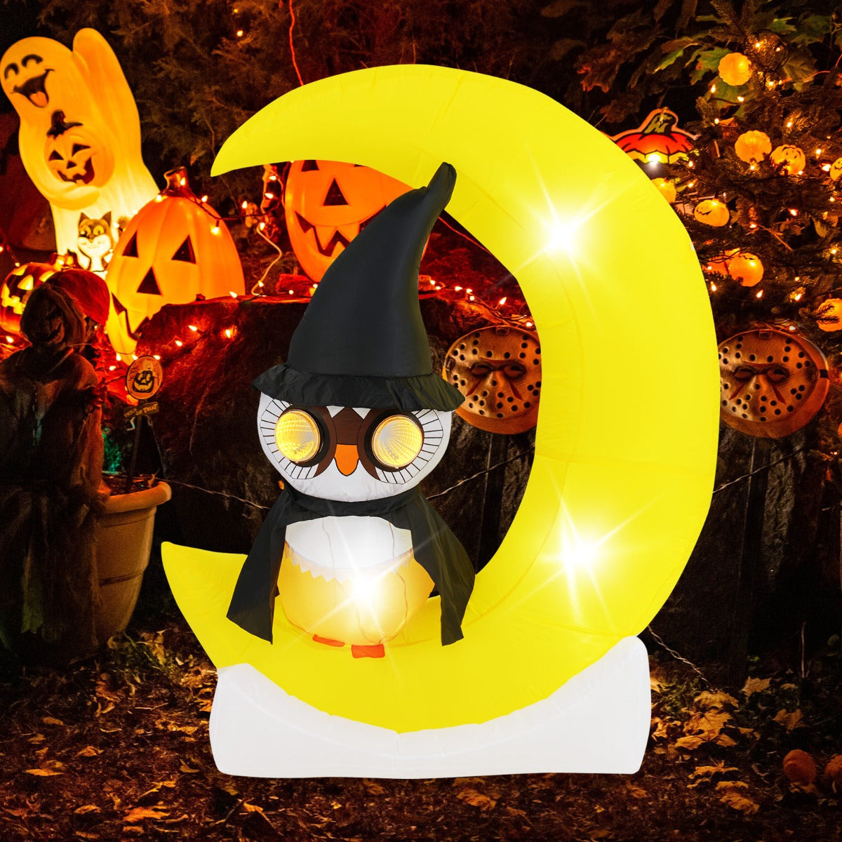 LED uppblåsbar – uggla som står på månen Hemsk Halloween dekoration – 155 cm – Gul